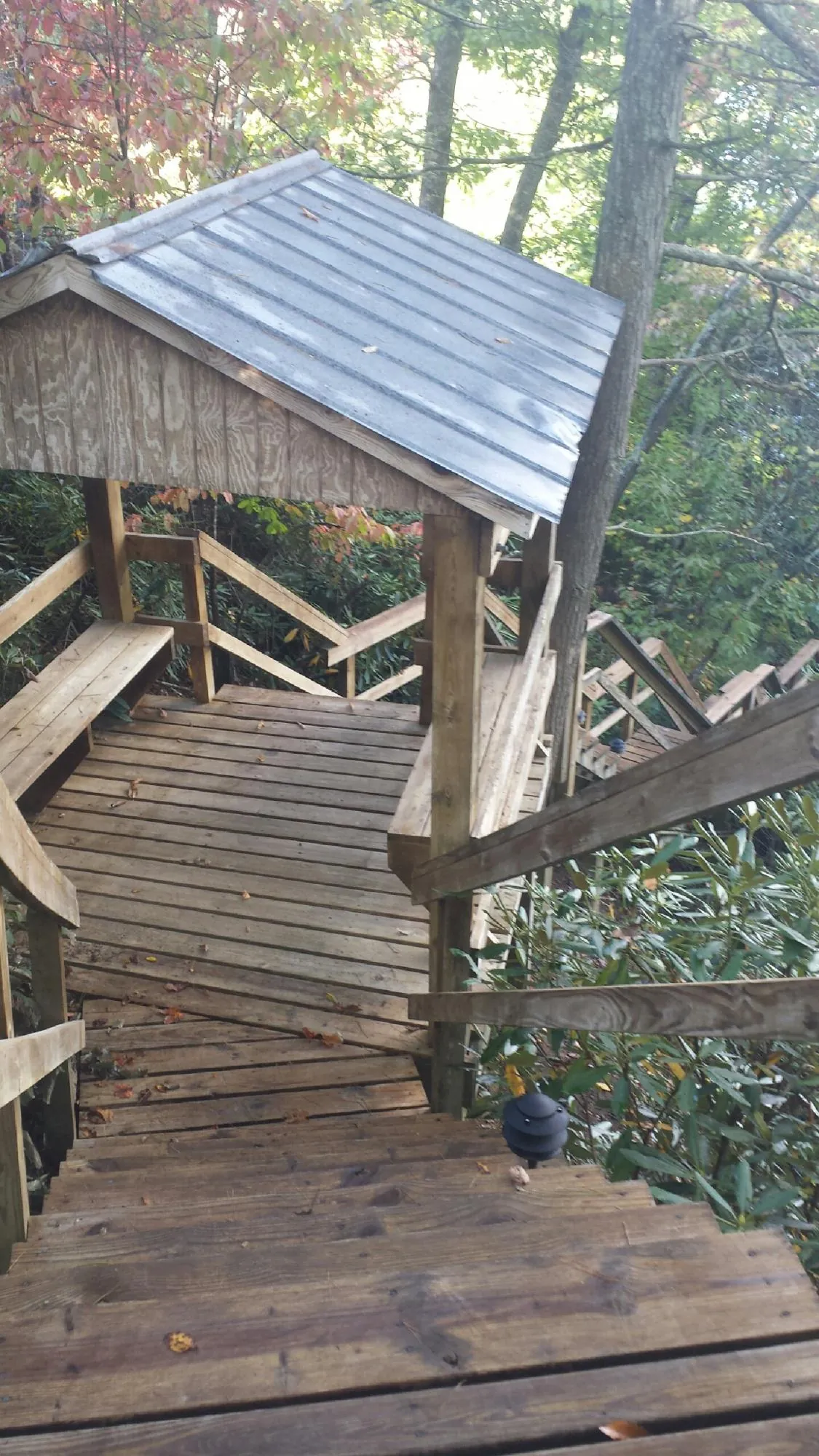 Metal roofed shelter over wooden steps on a wooded walkway — Skylight Repair & Installation work by our crew in Scandia
